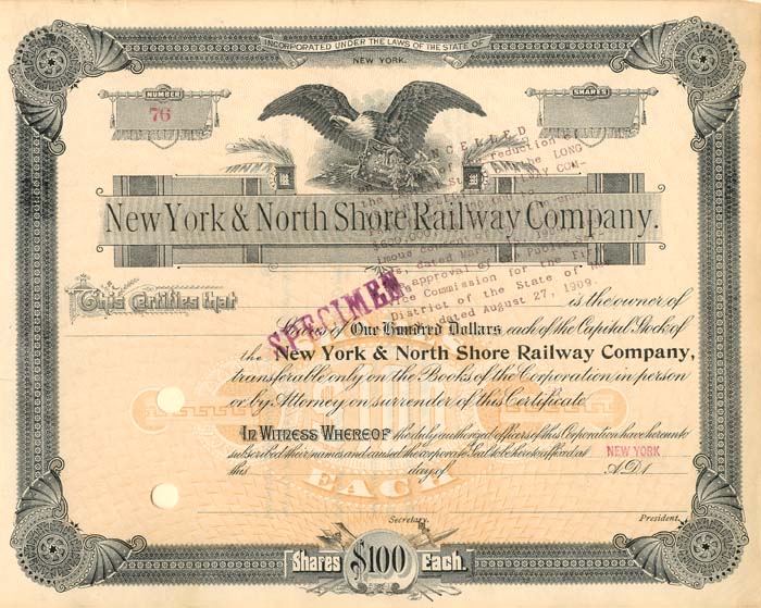 New York and North Shore Railway Co. - SPECIMEN - Stock Certificate